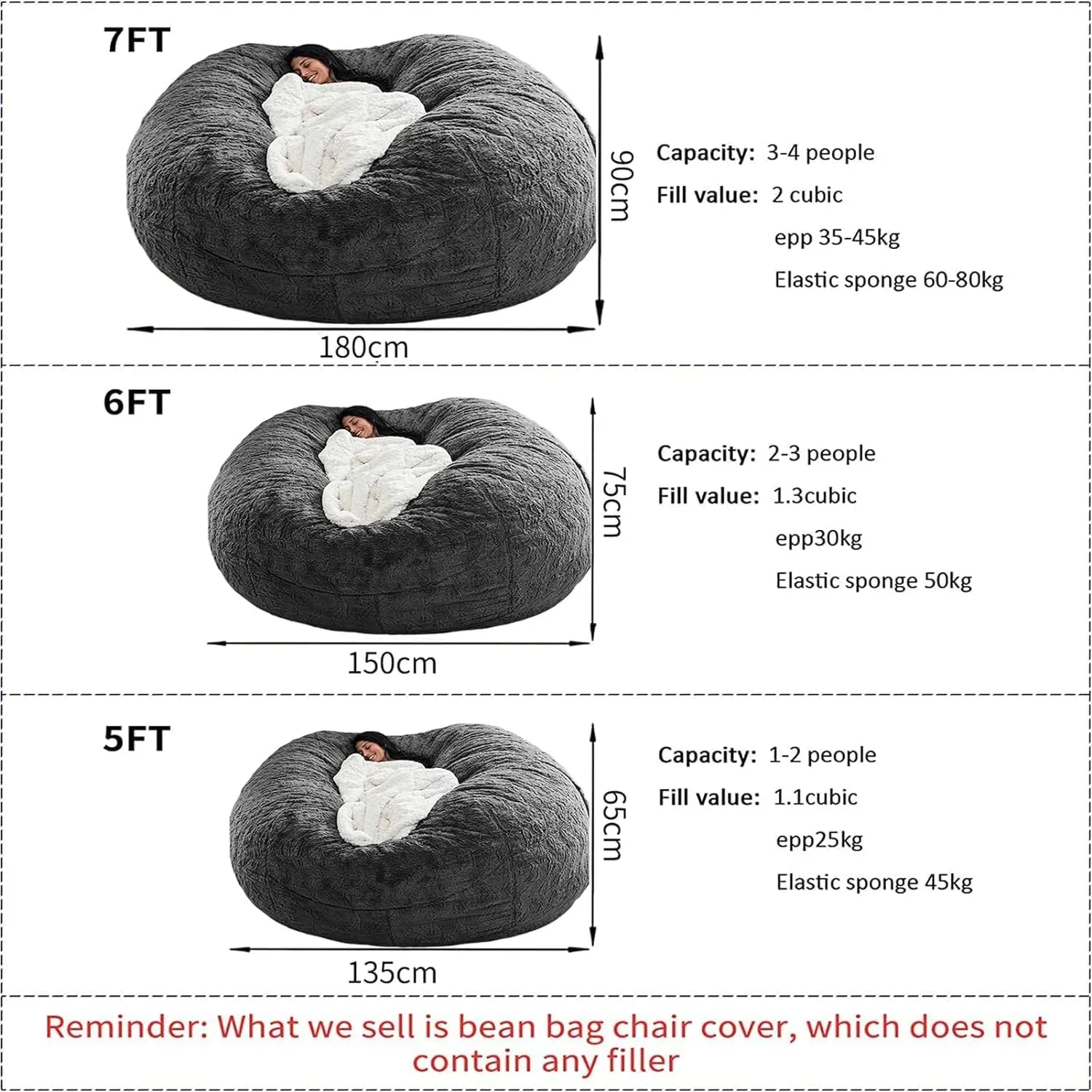 DELADOLA Bean Bag Cover - NO Filler, Cover ONLY - Big Soft Fluffy Fur Portable Living Room Sofa Bed Cover (Orange, 7FT)