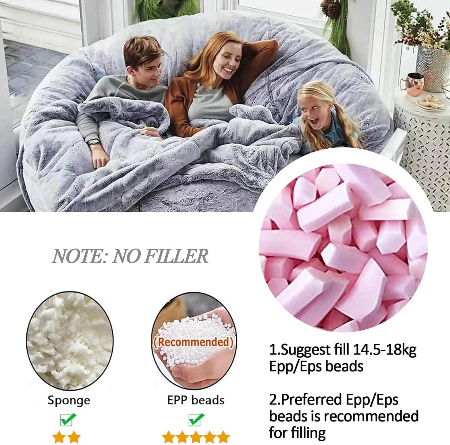 DELADOLA Bean Bag Cover - NO Filler, Cover ONLY - Big Soft Fluffy Fur Portable Living Room Sofa Bed Cover (Orange, 7FT)