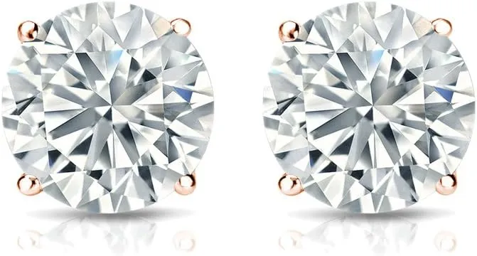 Diamond Wish Men's 14k Rose Gold Round Simulant CZ Diamond Stud Earrings (1/4 to 2 cttw, Excellent Quality) 4-Prong Basket, Push-Back