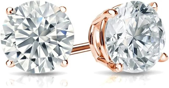 Diamond Wish Men's 14k Rose Gold Round Simulant CZ Diamond Stud Earrings (1/4 to 2 cttw, Excellent Quality) 4-Prong Basket, Push-Back