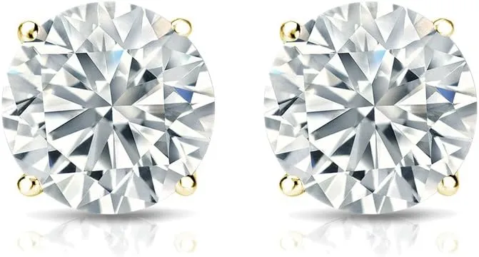 Diamond Wish Men's 14k Yellow Gold Round Simulant CZ Diamond Stud Earrings (1/4 to 2 cttw, Excellent Quality) 4-Prong Basket, Push-Back