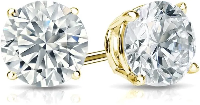 Diamond Wish Men's 14k Yellow Gold Round Simulant CZ Diamond Stud Earrings (1/4 to 2 cttw, Excellent Quality) 4-Prong Basket, Push-Back