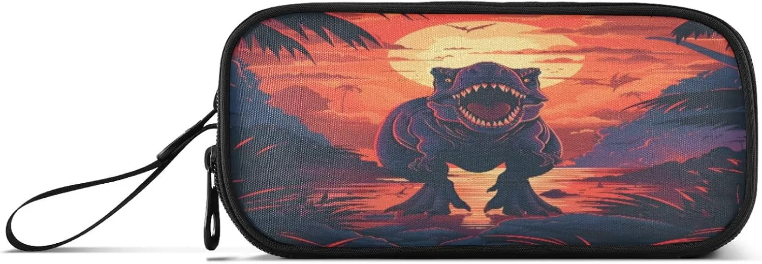 Dinosaur Sunset Pencil Case Box Boys Girls Large Pencil Pouch Zipper Compartments Big Capacity Stationery Pen Bag Organizer Kids Teens Adults School