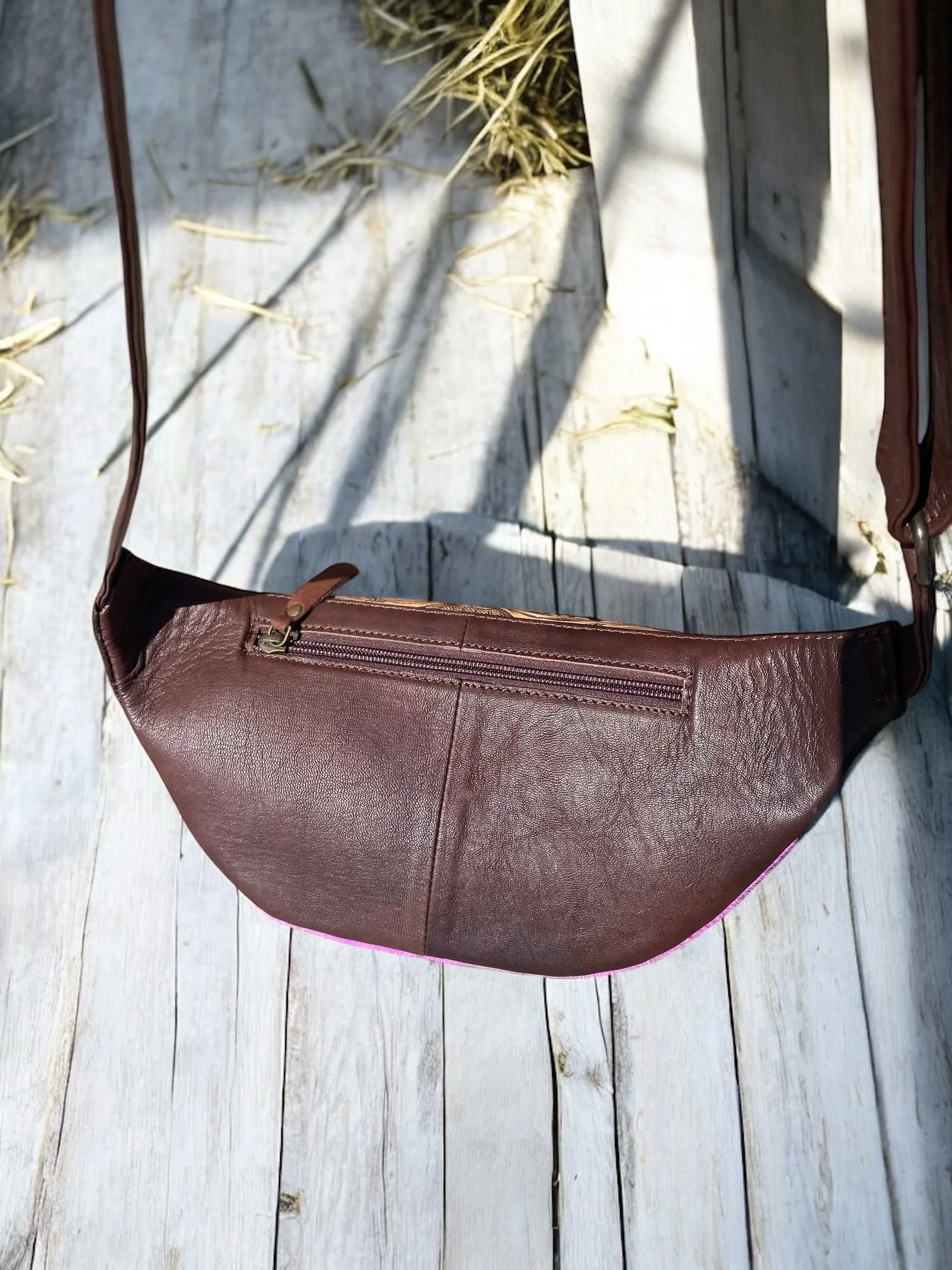 Distressed Cowhide Pink Tooled Leather Fanny Pack