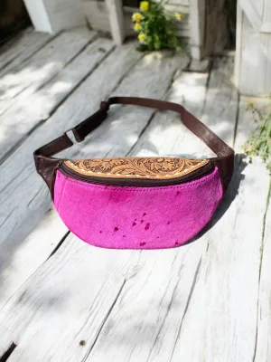 Distressed Cowhide Pink Tooled Leather Fanny Pack