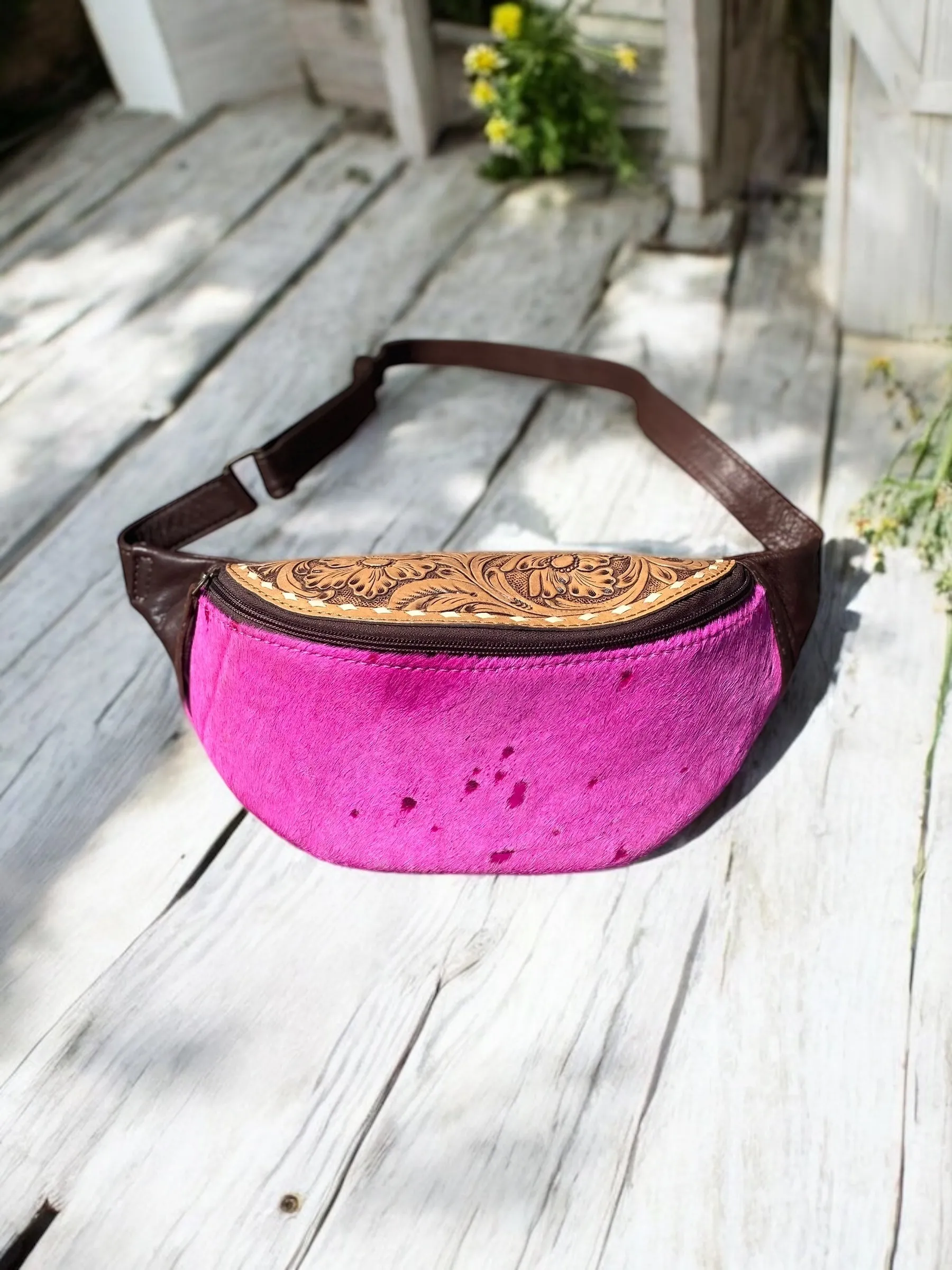Distressed Cowhide Pink Tooled Leather Fanny Pack