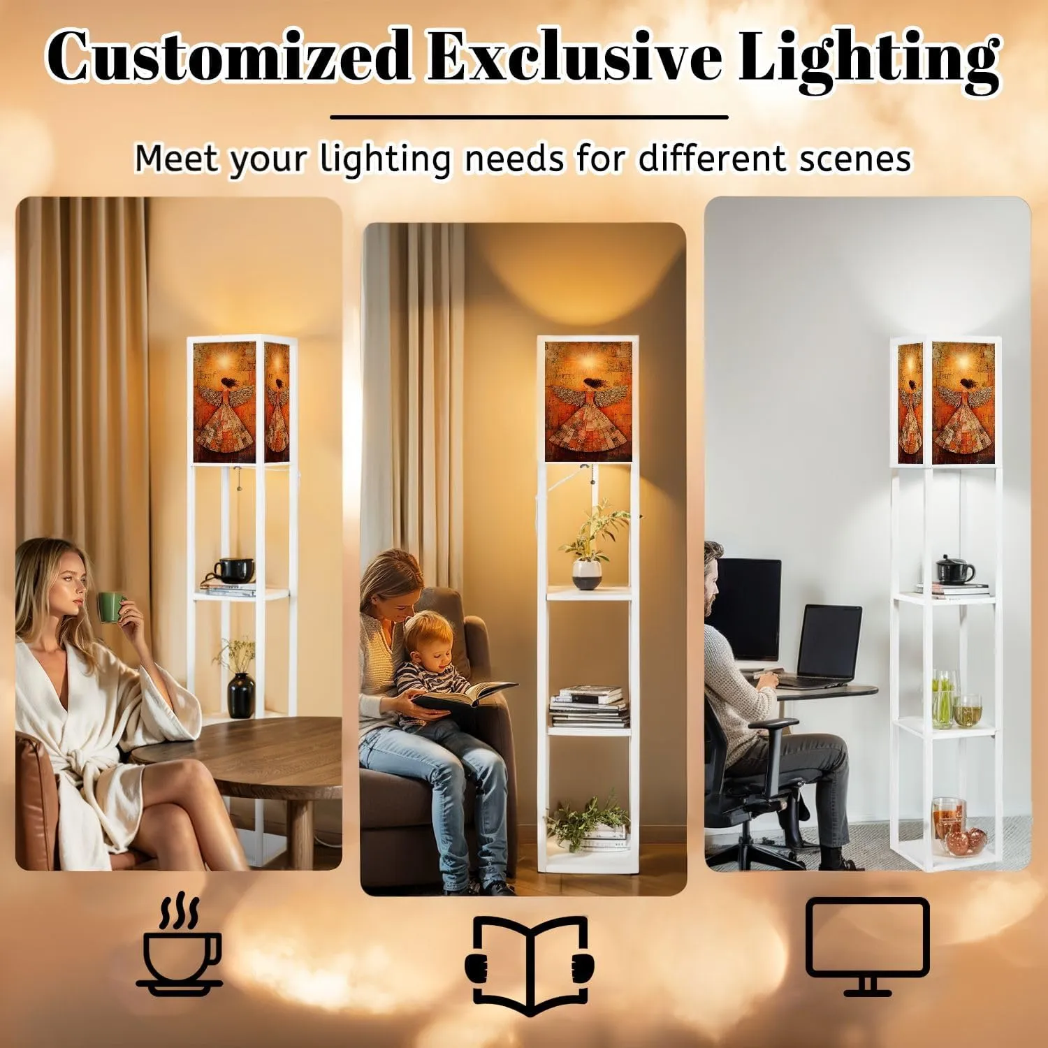 Divine Elegance Warm Toned Angel Nimbus Floor Lamps with Shelves, Modern Standing Lamp Narrow Corner Display Bookshelf Lamp for Living Room, Bedroom, Office Decor