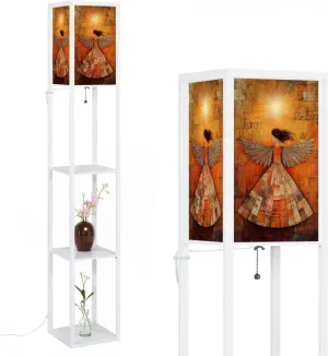 Divine Elegance Warm Toned Angel Nimbus Floor Lamps with Shelves, Modern Standing Lamp Narrow Corner Display Bookshelf Lamp for Living Room, Bedroom, Office Decor