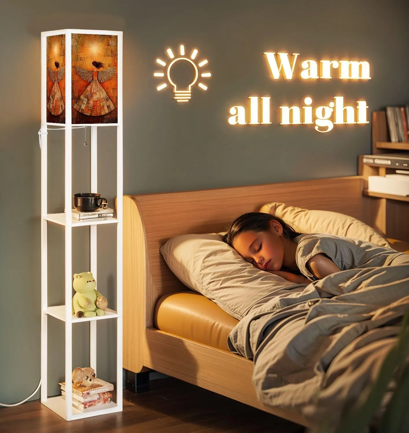 Divine Elegance Warm Toned Angel Nimbus Floor Lamps with Shelves, Modern Standing Lamp Narrow Corner Display Bookshelf Lamp for Living Room, Bedroom, Office Decor