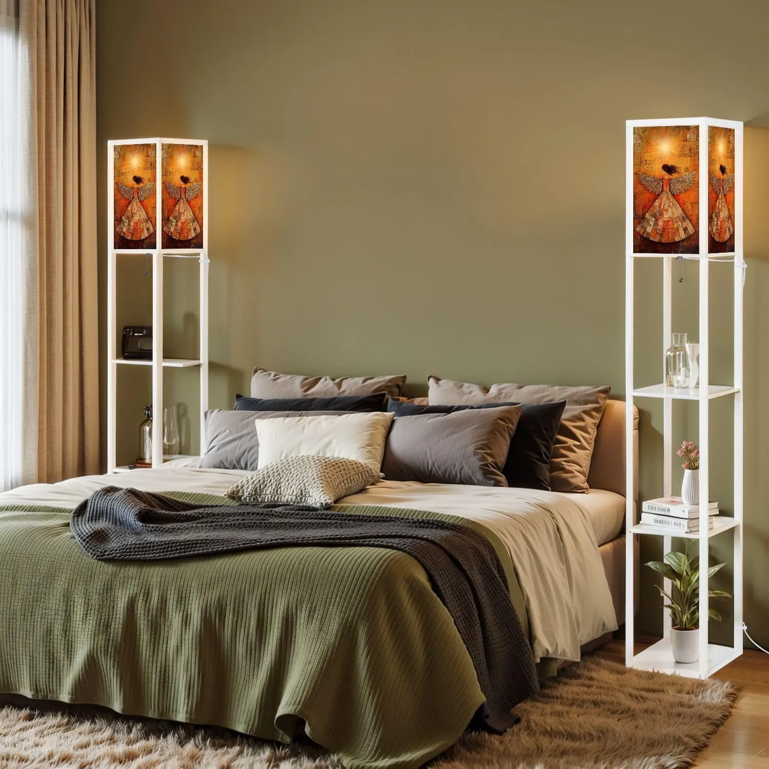 Divine Elegance Warm Toned Angel Nimbus Floor Lamps with Shelves, Modern Standing Lamp Narrow Corner Display Bookshelf Lamp for Living Room, Bedroom, Office Decor