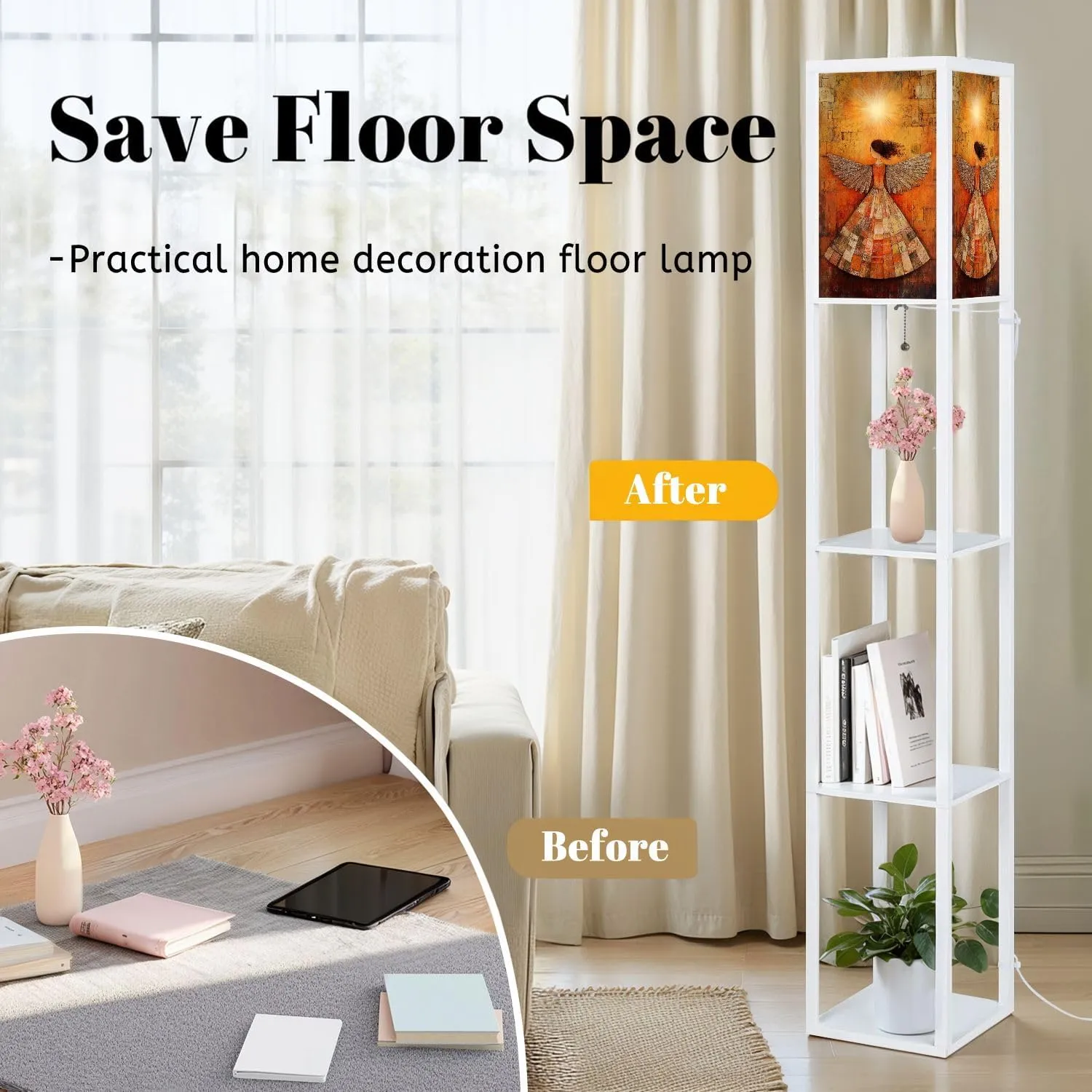 Divine Elegance Warm Toned Angel Nimbus Floor Lamps with Shelves, Modern Standing Lamp Narrow Corner Display Bookshelf Lamp for Living Room, Bedroom, Office Decor