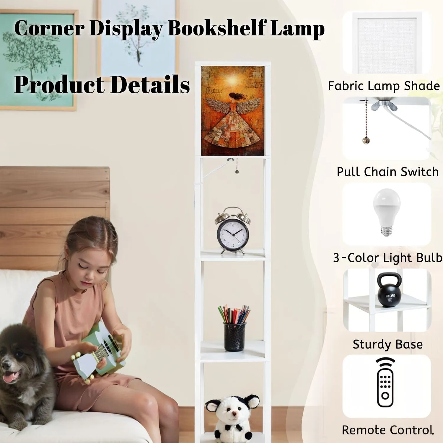 Divine Elegance Warm Toned Angel Nimbus Floor Lamps with Shelves, Modern Standing Lamp Narrow Corner Display Bookshelf Lamp for Living Room, Bedroom, Office Decor