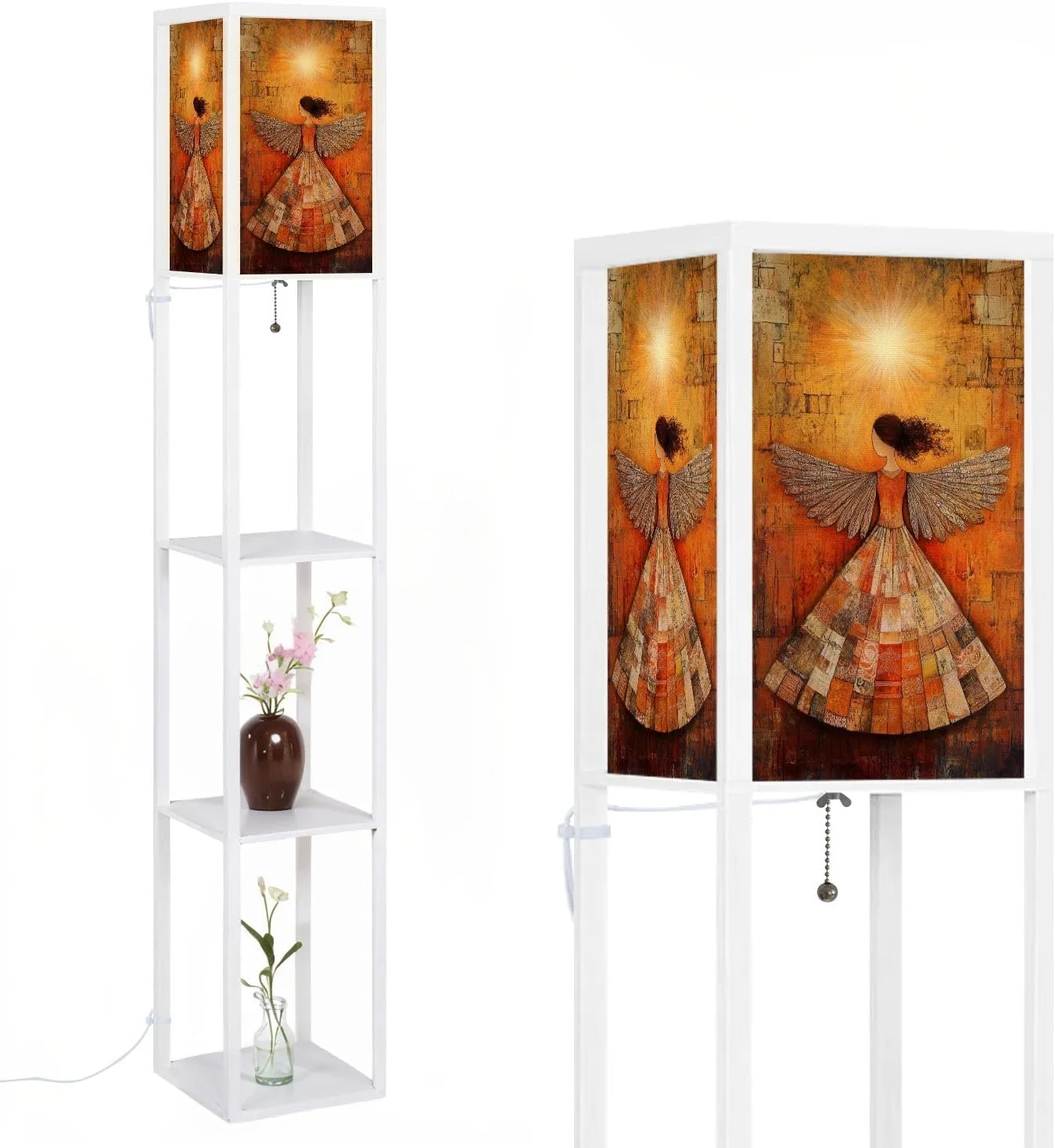 Divine Elegance Warm Toned Angel Nimbus Floor Lamps with Shelves, Modern Standing Lamp Narrow Corner Display Bookshelf Lamp for Living Room, Bedroom, Office Decor