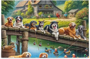 Dogs Fishing Puzzles 500 Piece Jigsaw Puzzle Puzzle Game Home Wall Artwork Funny Puzzle for Adults