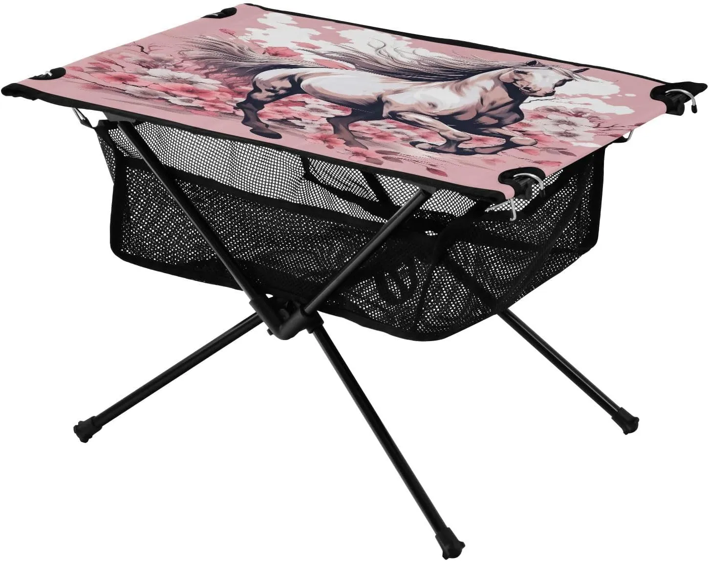 Doodle White Horse and Floral Pattern Portable Camping Table,Outdoor Folding Table,Beach Table,Suitable for Camping,Hiking,Picnic