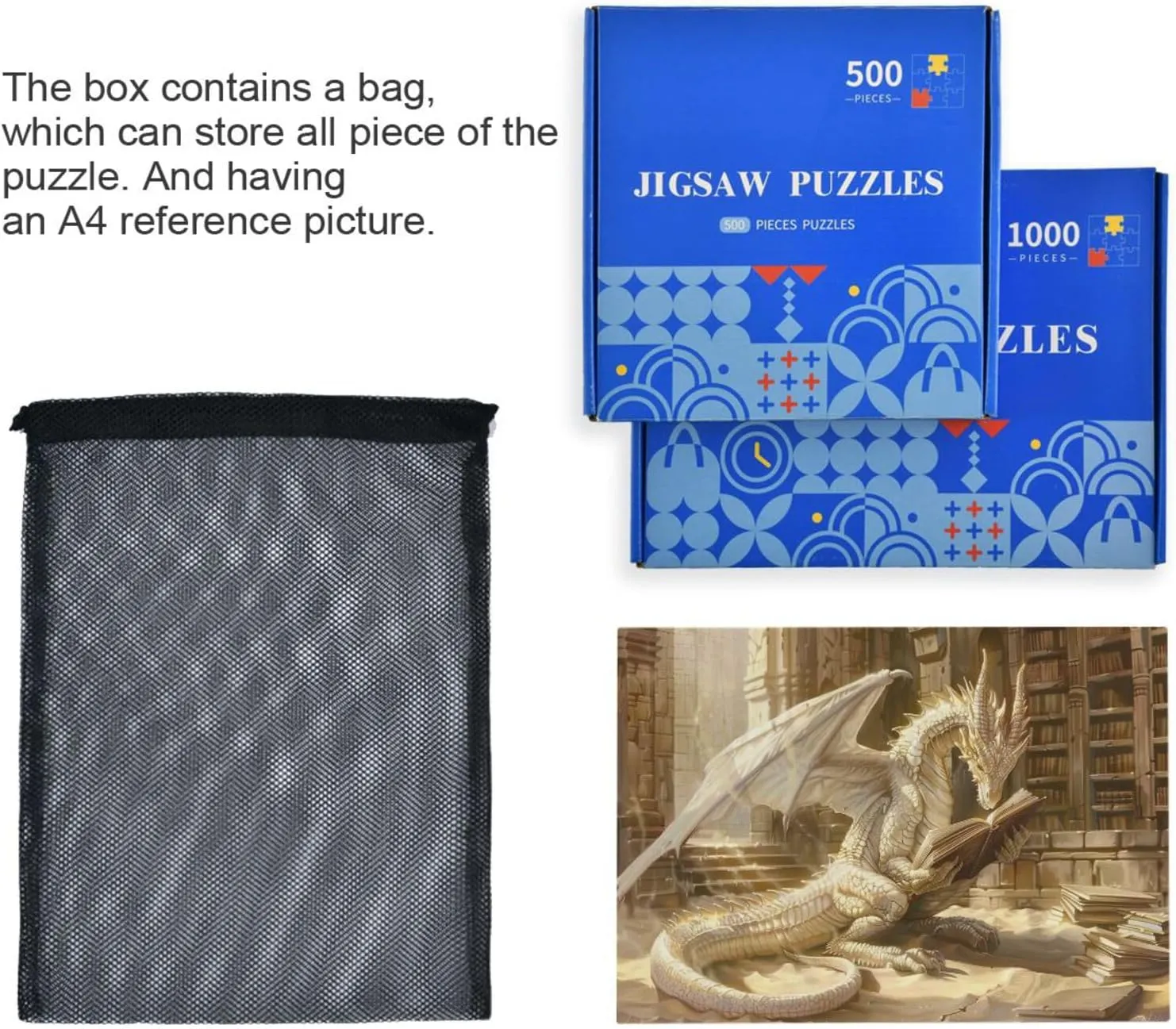 Dragon Book Jigsaw Puzzles 500 Pieces for Adults,Learning Educational Puzzles,Difficult and Challenge Families Toys with Mesh Storage Bag 2013854