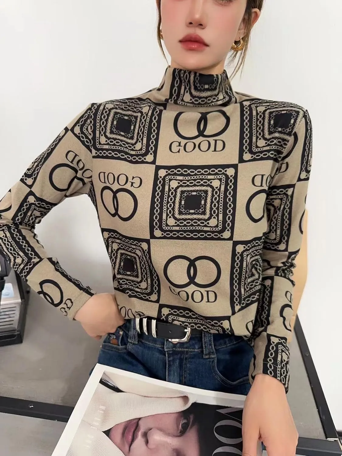 Dralon Turtleneck Tops for Women Autumn Winter Thickened Thermal Underwear Inner Warm Printed Long-Sleeved Shirt