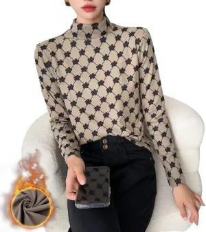 Dralon Turtleneck Tops for Women Autumn Winter Thickened Thermal Underwear Inner Warm Printed Long-Sleeved Shirt