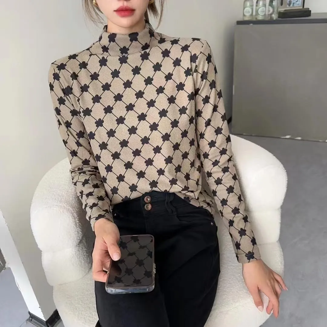 Dralon Turtleneck Tops for Women Autumn Winter Thickened Thermal Underwear Inner Warm Printed Long-Sleeved Shirt