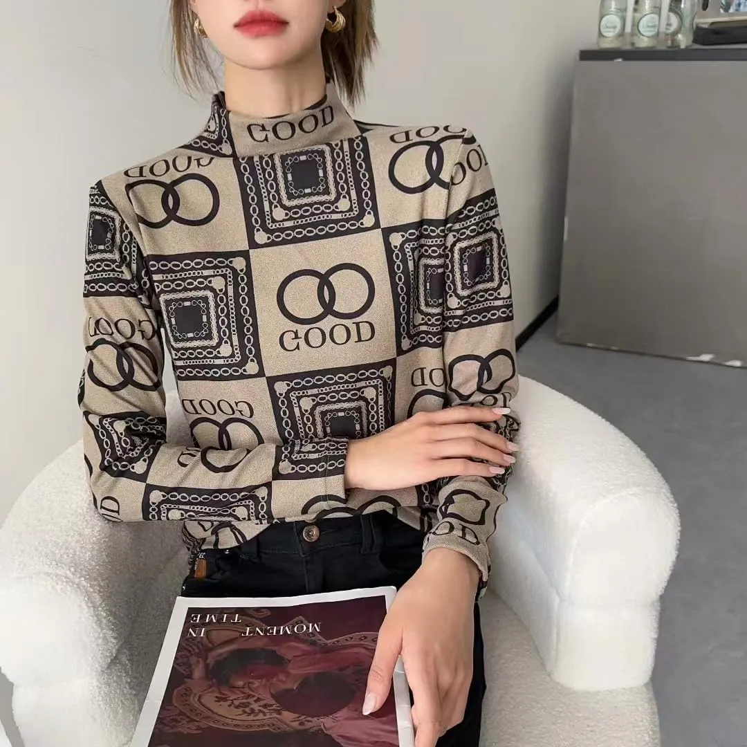Dralon Turtleneck Tops for Women Autumn Winter Thickened Thermal Underwear Inner Warm Printed Long-Sleeved Shirt