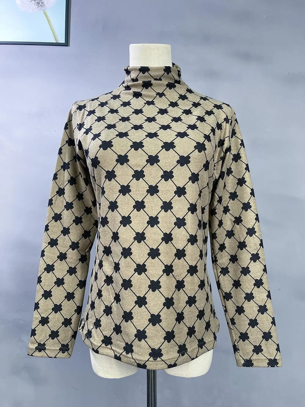Dralon Turtleneck Tops for Women Autumn Winter Thickened Thermal Underwear Inner Warm Printed Long-Sleeved Shirt