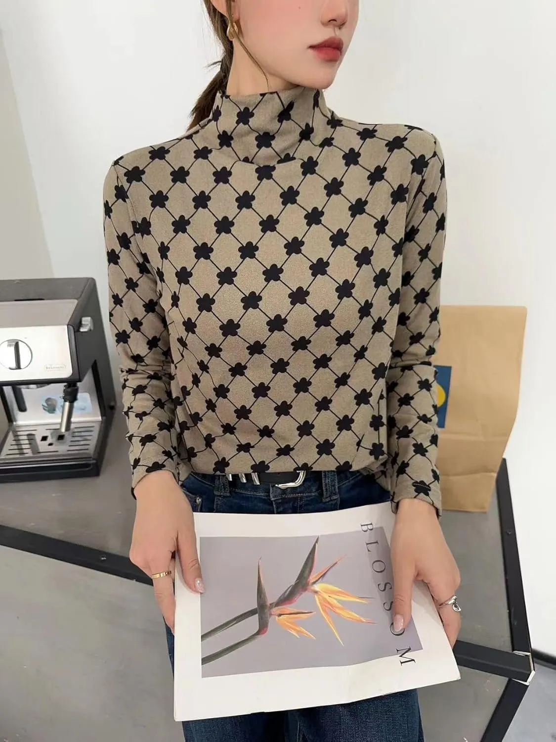 Dralon Turtleneck Tops for Women Autumn Winter Thickened Thermal Underwear Inner Warm Printed Long-Sleeved Shirt