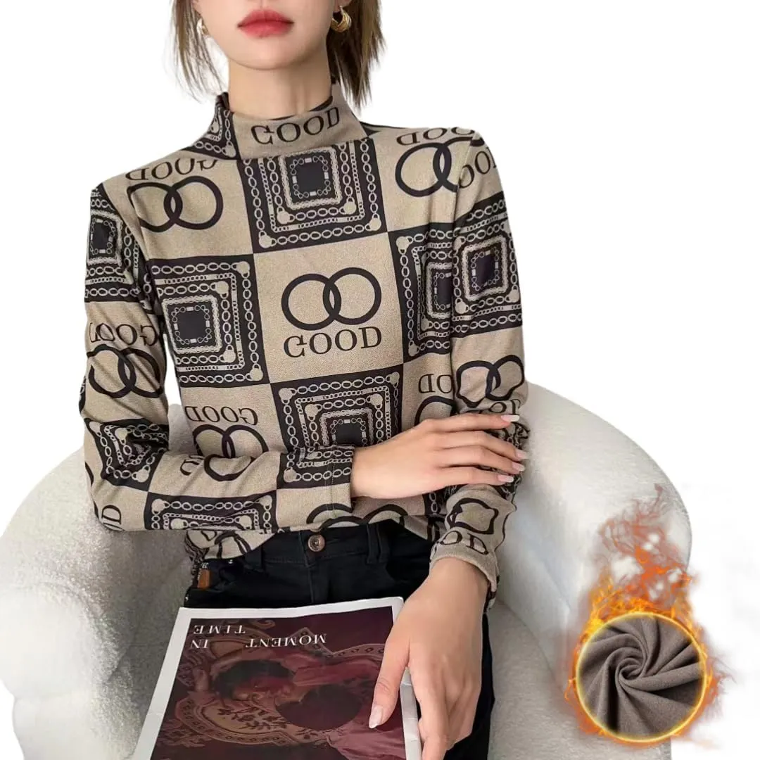 Dralon Turtleneck Tops for Women Autumn Winter Thickened Thermal Underwear Inner Warm Printed Long-Sleeved Shirt