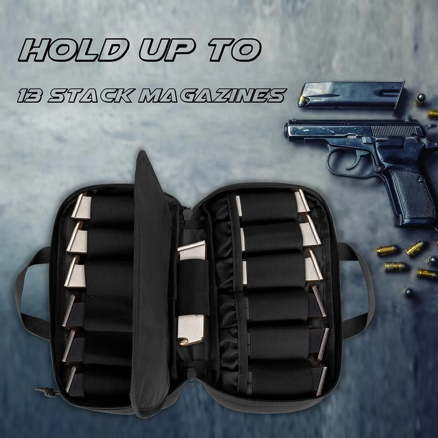 DSLEAF Tactical Pistol Magazine Storage Bag, MOLLE Mag Pouch Hold Up to 13x Standard Single/Double Stack Magazines for Medium and Large Handguns (Patent Design)