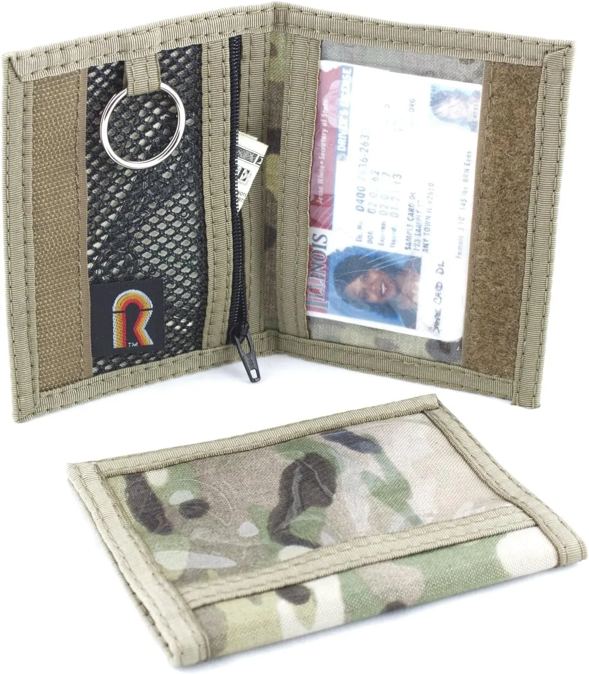 Dual Sided ID Holder. Minimalist Front Pocket. Purse Wallet. Slim. Hook n Loop. USA Made (Multi-Cam)