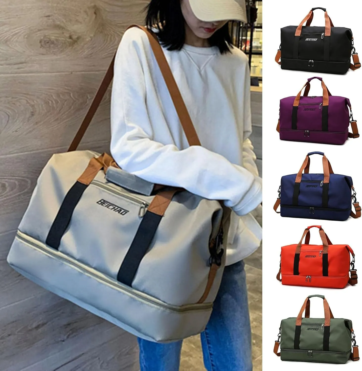 Duffle Bag with Independent Shoe Holder,Large Capacity,Canvas Material,Reusable Strong Load Bearing Multi-pocket Storage Splash-proof Dry Wet Outdoor Fitness Bag Travel Supplies for Men Women Orange