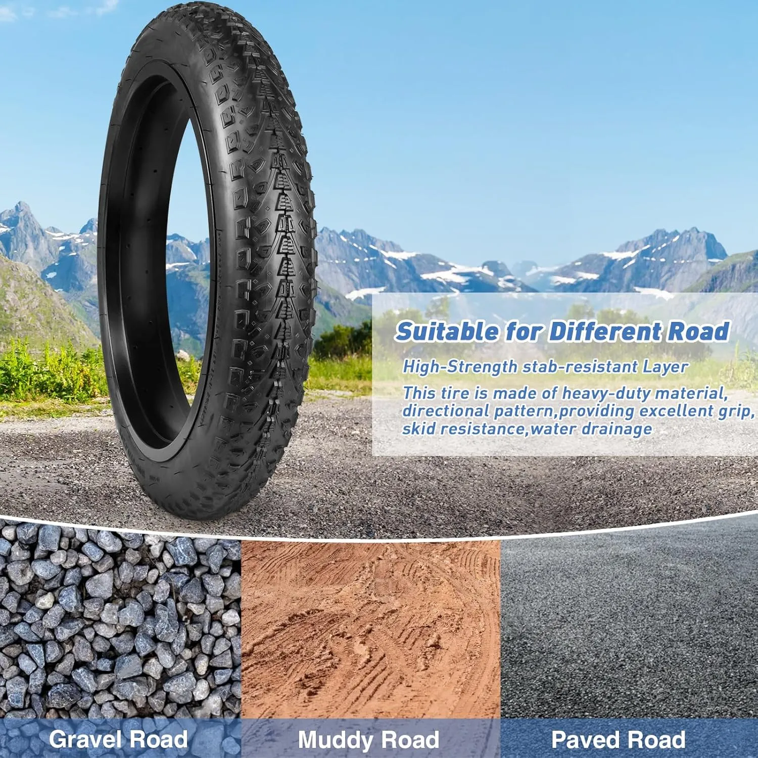 E Bike Tire Fat Bike Tire 20"/26"x3" Electric Bicycle Tire for Mountain Snow and Beach Bike