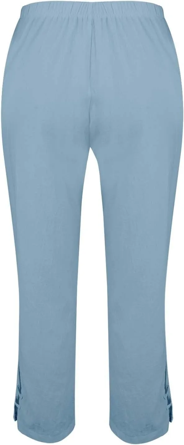 Eco-Friendly Linen Pants Women Elastic Waist Straight Leg Lightweight Beach Yoga Trousers with Slits