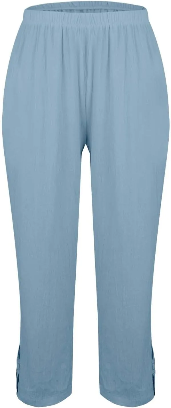 Eco-Friendly Linen Pants Women Elastic Waist Straight Leg Lightweight Beach Yoga Trousers with Slits