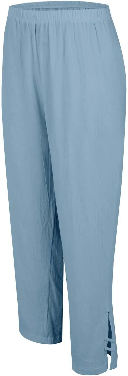 Eco-Friendly Linen Pants Women Elastic Waist Straight Leg Lightweight Beach Yoga Trousers with Slits