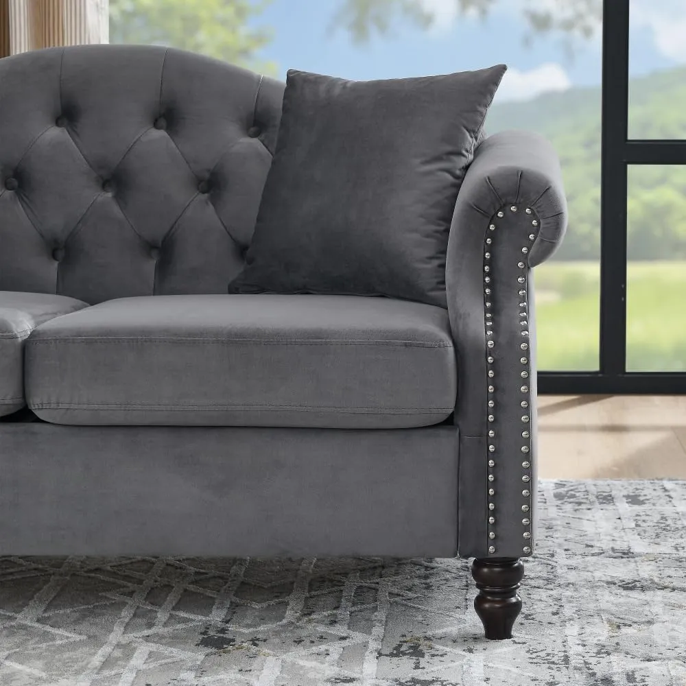 Elegant Classic Chesterfield Sofa with Velvet Upholstery, Handcrafted Nailhead Trim, Tufted Button Design, Solid Wood Frame for Living Room, Office, or Bedroom Furniture (Grey,Loveseat)