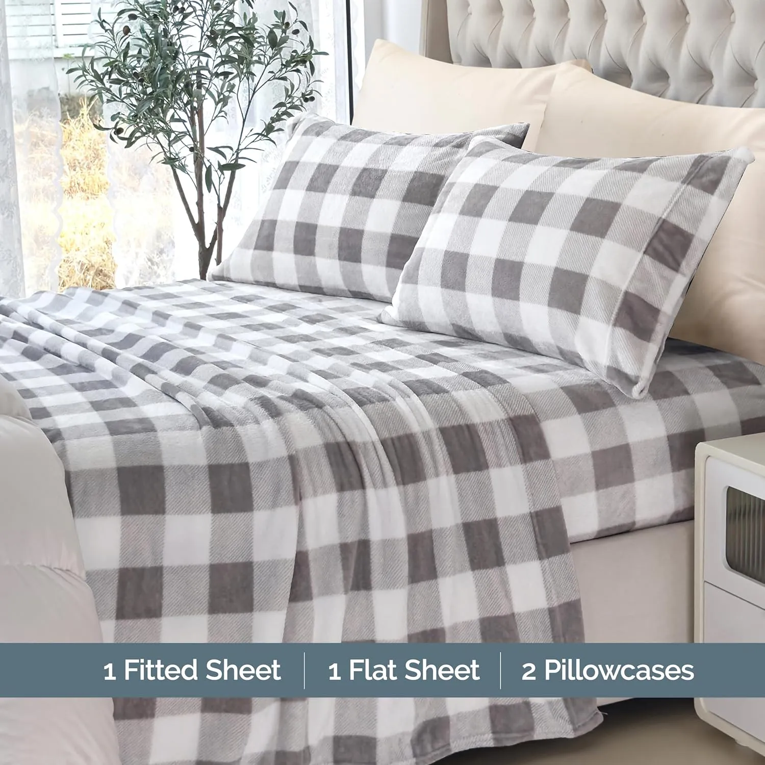 Elegant Comfort Luxuriously Soft 4-Piece Velvet Plush Flannel Sheet Set - Premium Quality - Cozy Warm, Anti-Static, Non Pilling Fuzzy Velvet Flannel Fleece Deep Pocket Sheet Set - King, Buffalo Gray