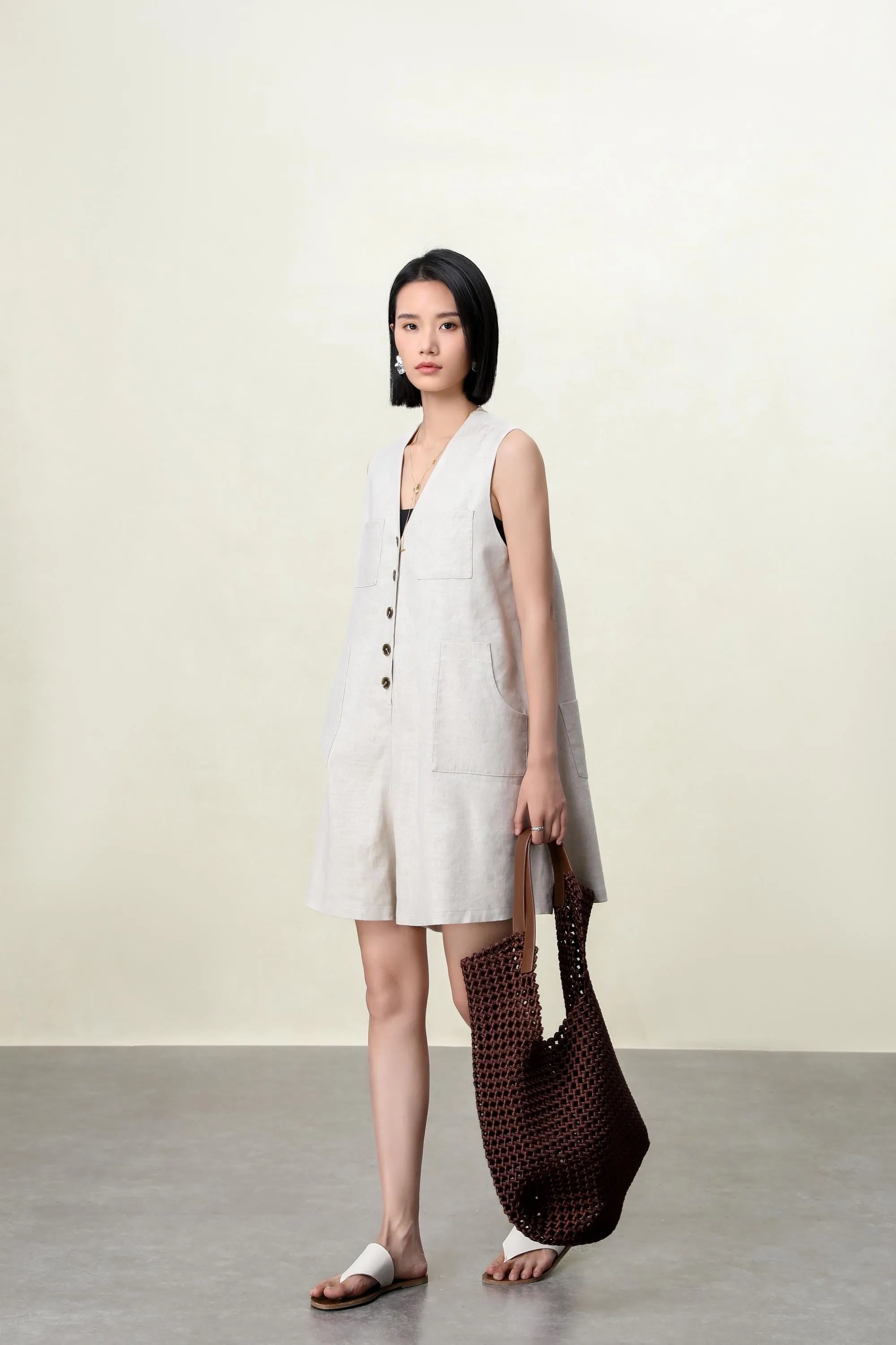 Elegant V-Neck Stonewashed Linen Jumpsuit with Utility Details - A-Line Silhouette for Women | V-Neck Utility Detail