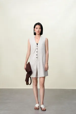 Elegant V-Neck Stonewashed Linen Jumpsuit with Utility Details - A-Line Silhouette for Women | V-Neck Utility Detail