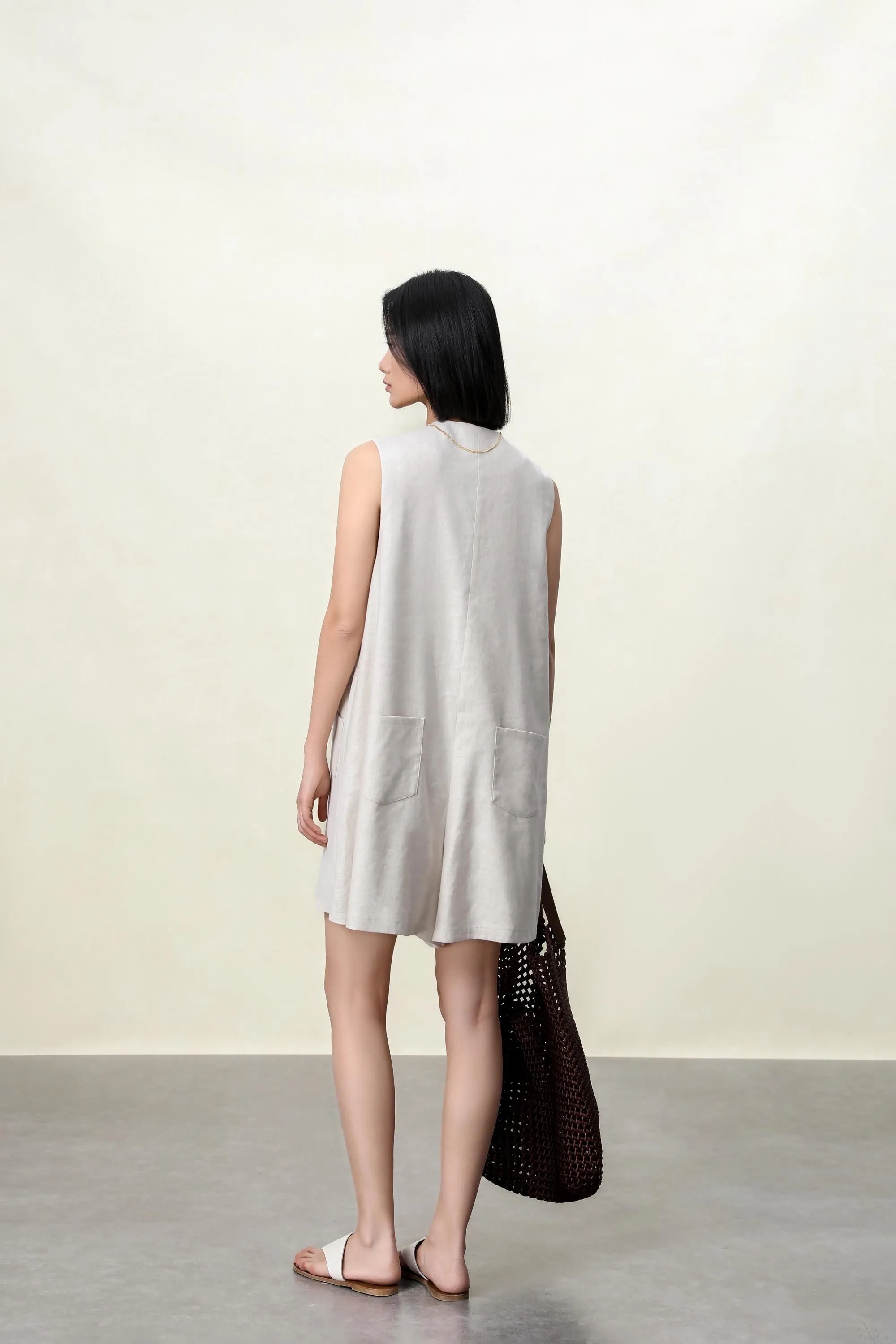 Elegant V-Neck Stonewashed Linen Jumpsuit with Utility Details - A-Line Silhouette for Women | V-Neck Utility Detail
