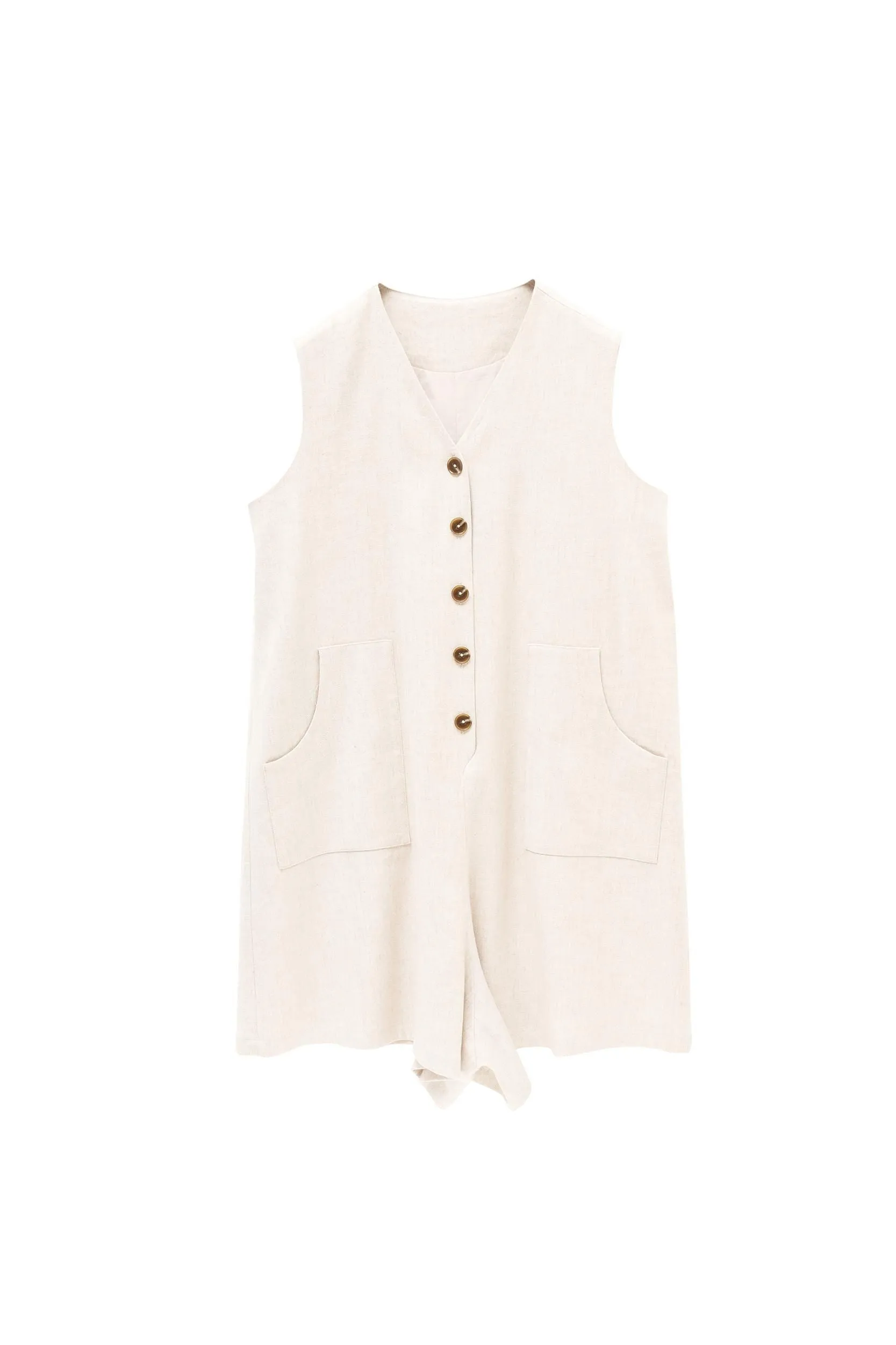Elegant V-Neck Stonewashed Linen Jumpsuit with Utility Details - A-Line Silhouette for Women | V-Neck Utility Detail