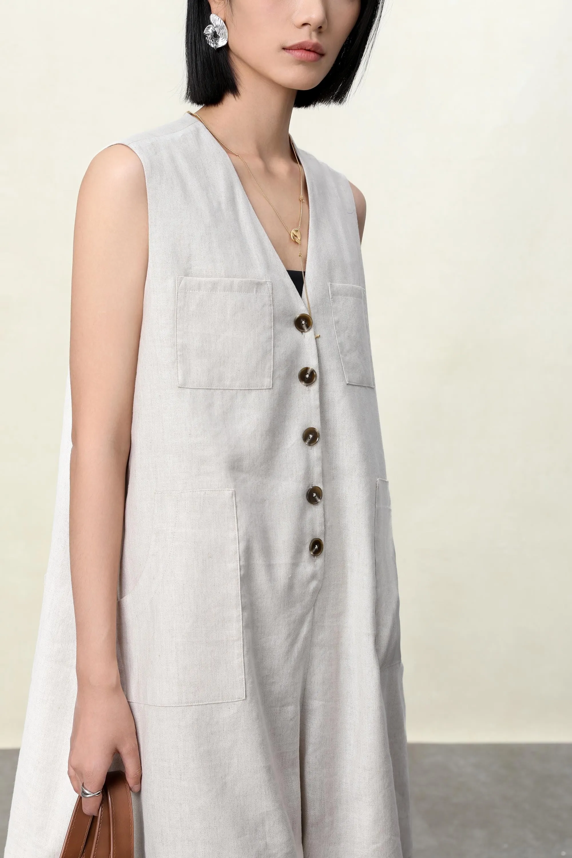 Elegant V-Neck Stonewashed Linen Jumpsuit with Utility Details - A-Line Silhouette for Women | V-Neck Utility Detail