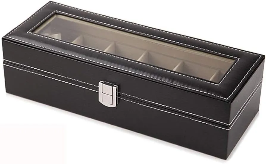 Elegant Watch Box Organizer for Men Women with 6 Slots, Transparent top, Portable Leather Watch Holder Mens Watches Case Storage Best Gift for The Husband, (Black,30x 12 x 8cm)
