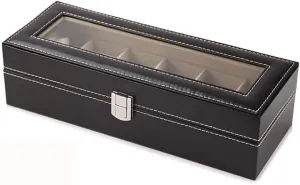 Elegant Watch Box Organizer for Men Women with 6 Slots, Transparent top, Portable Leather Watch Holder Mens Watches Case Storage Best Gift for The Husband, (Black,30x 12 x 8cm)