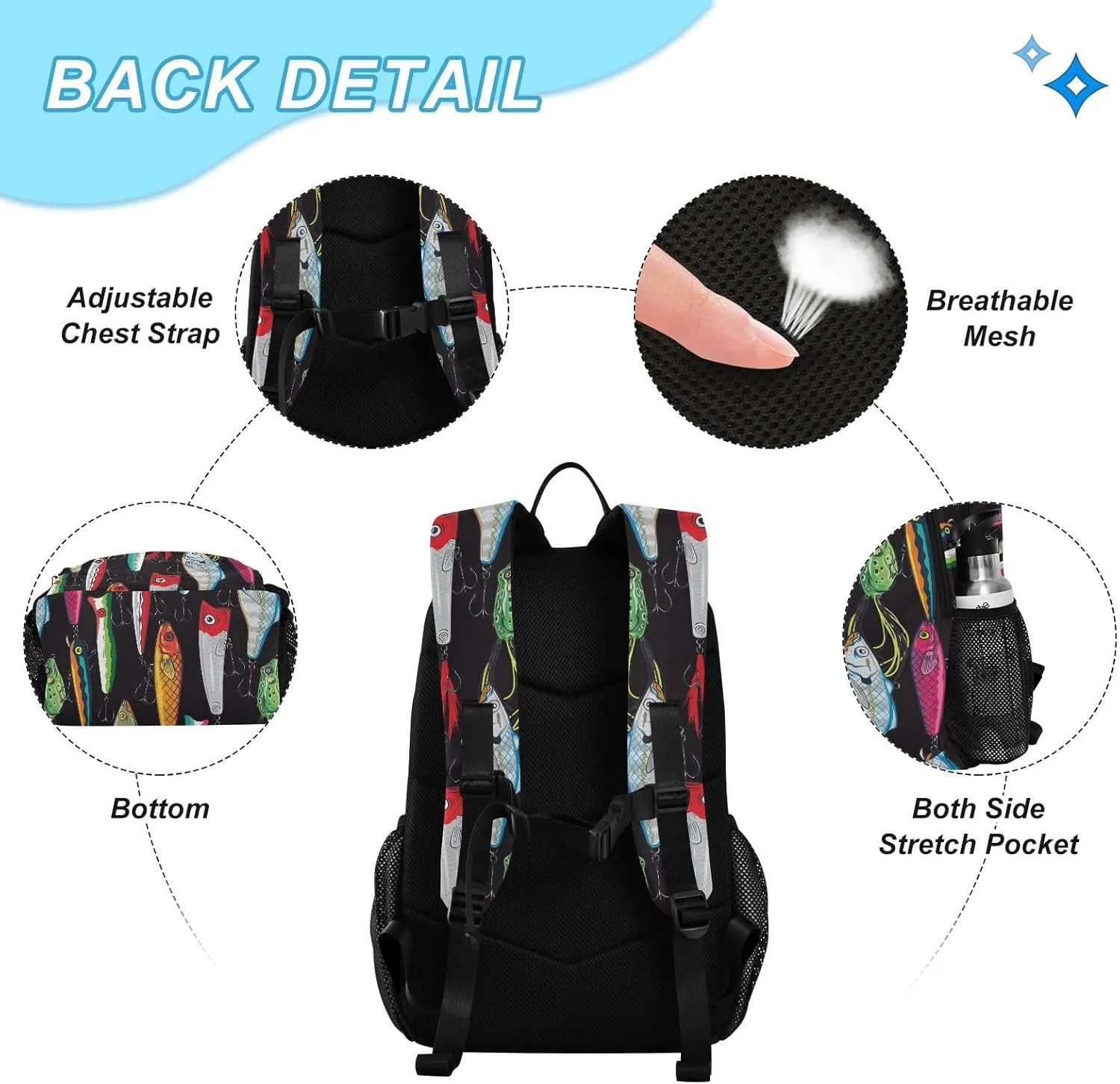 Emelivor Colorful Fishing Lures Kids Backpack for Girls Boys School Bookbag with Insulated Lunch Box for Preschool Primary School School Backpack