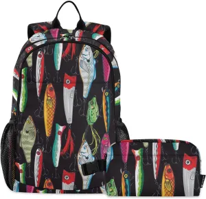 Emelivor Colorful Fishing Lures Kids Backpack for Girls Boys School Bookbag with Insulated Lunch Box for Preschool Primary School School Backpack