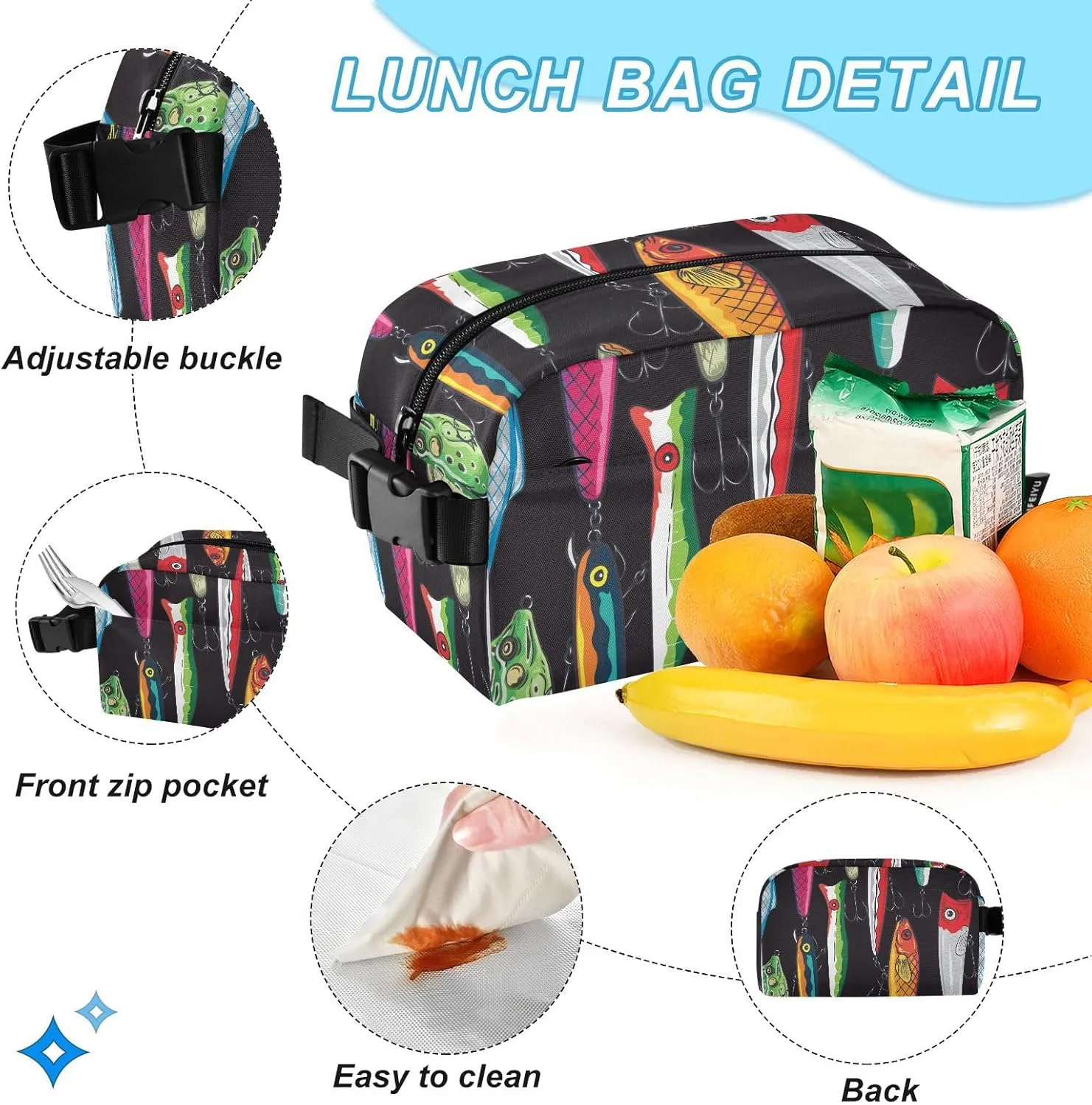 Emelivor Colorful Fishing Lures Kids Backpack for Girls Boys School Bookbag with Insulated Lunch Box for Preschool Primary School School Backpack