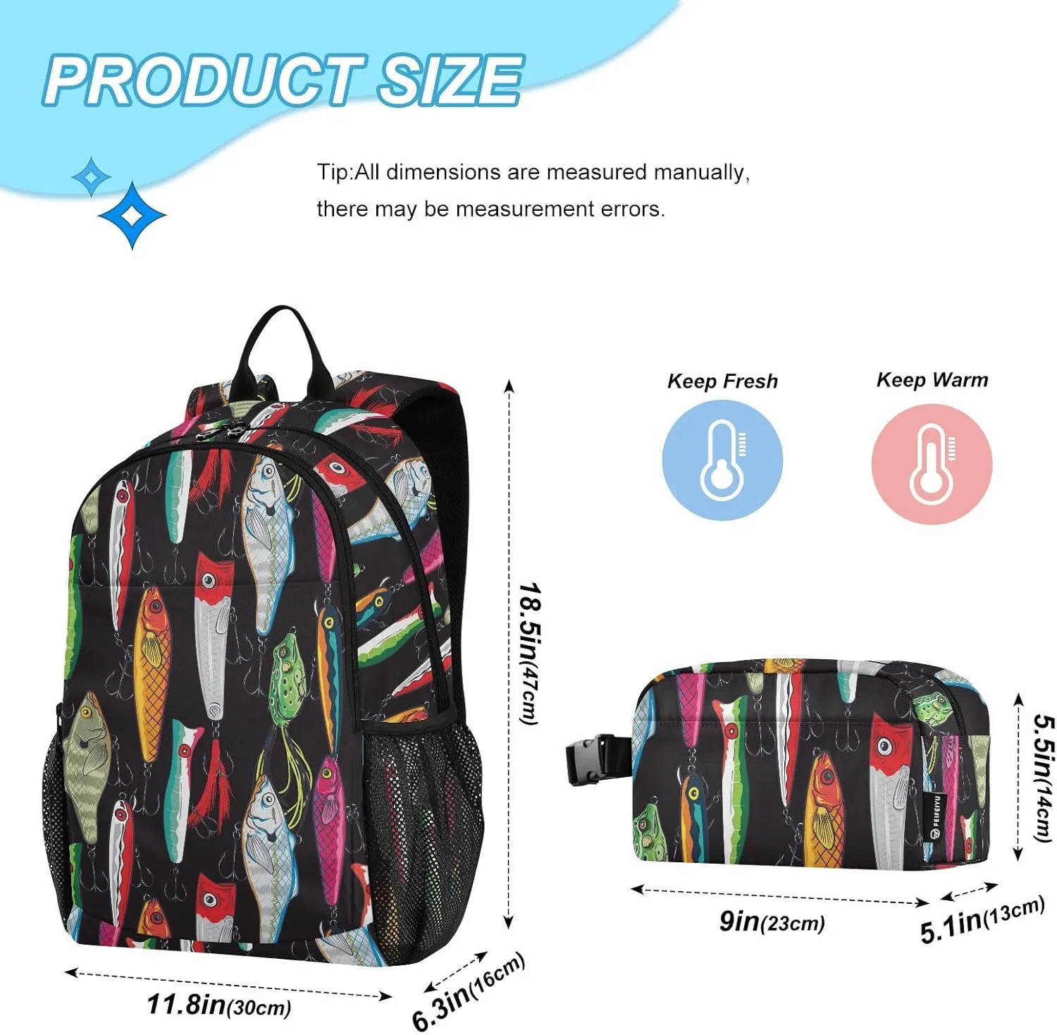 Emelivor Colorful Fishing Lures Kids Backpack for Girls Boys School Bookbag with Insulated Lunch Box for Preschool Primary School School Backpack