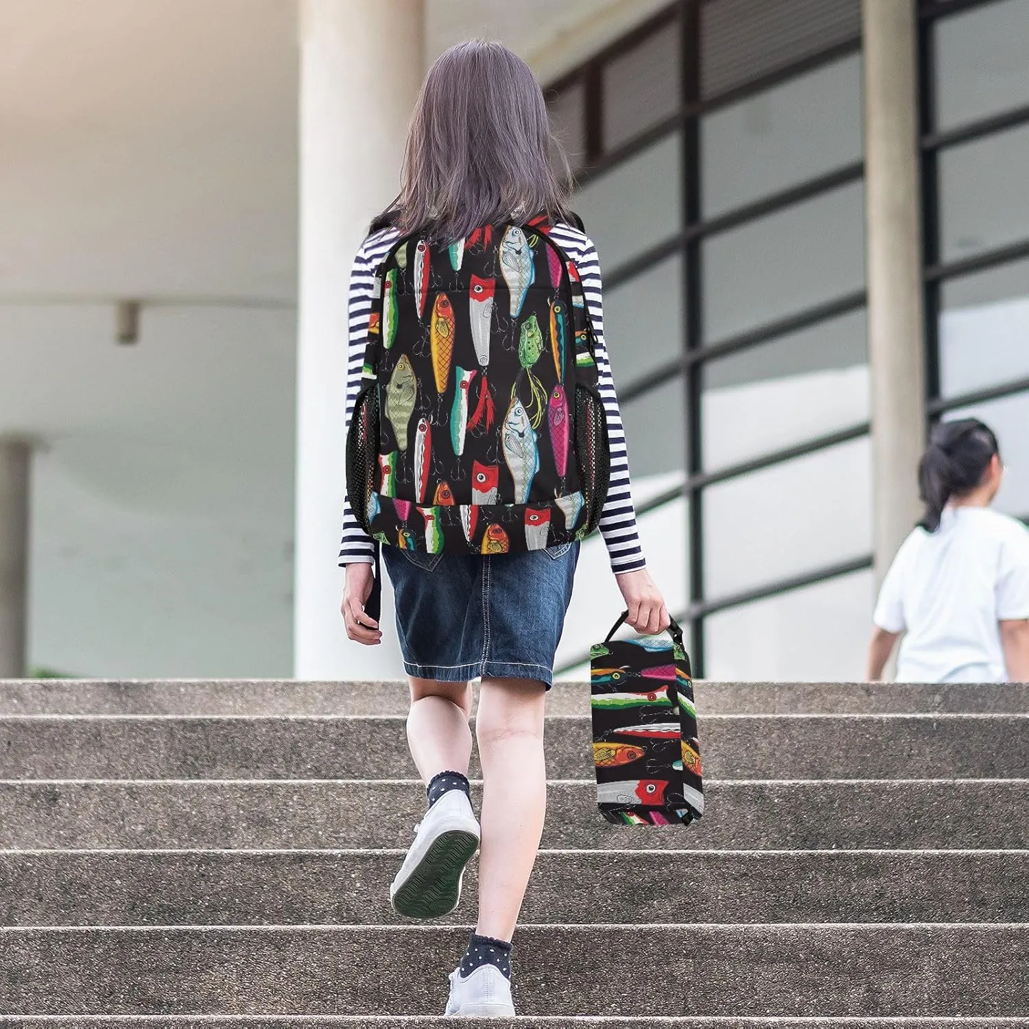 Emelivor Colorful Fishing Lures Kids Backpack for Girls Boys School Bookbag with Insulated Lunch Box for Preschool Primary School School Backpack