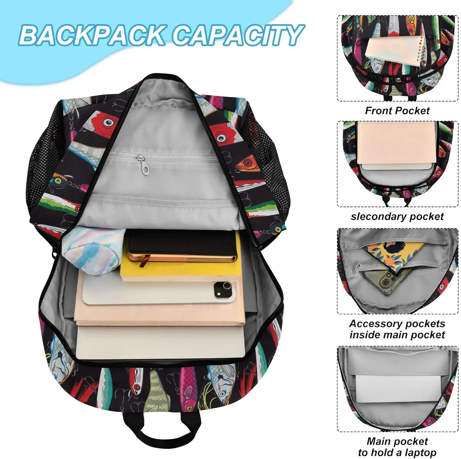 Emelivor Colorful Fishing Lures Kids Backpack for Girls Boys School Bookbag with Insulated Lunch Box for Preschool Primary School School Backpack