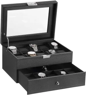 es 20 Slots Watch Case Men Watch Case Showcase Metal Hinge Carbon Fiber Design Glass Top Large Storage Box
